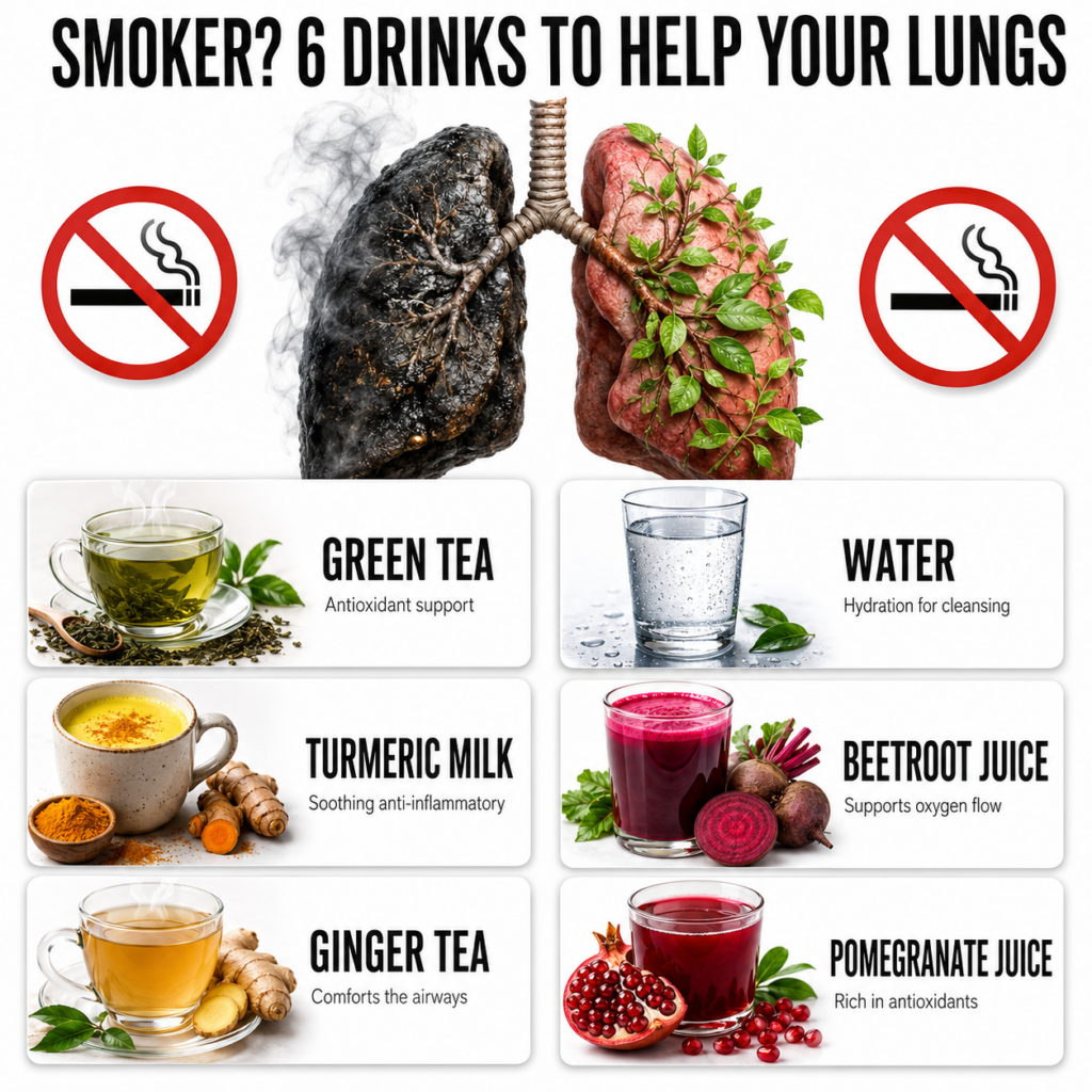 An infographic titled SMOKER 6 DRINKS TO HELP YOUR LUNGS showing a healthy pink lung next to a dark smoke-emitting lung