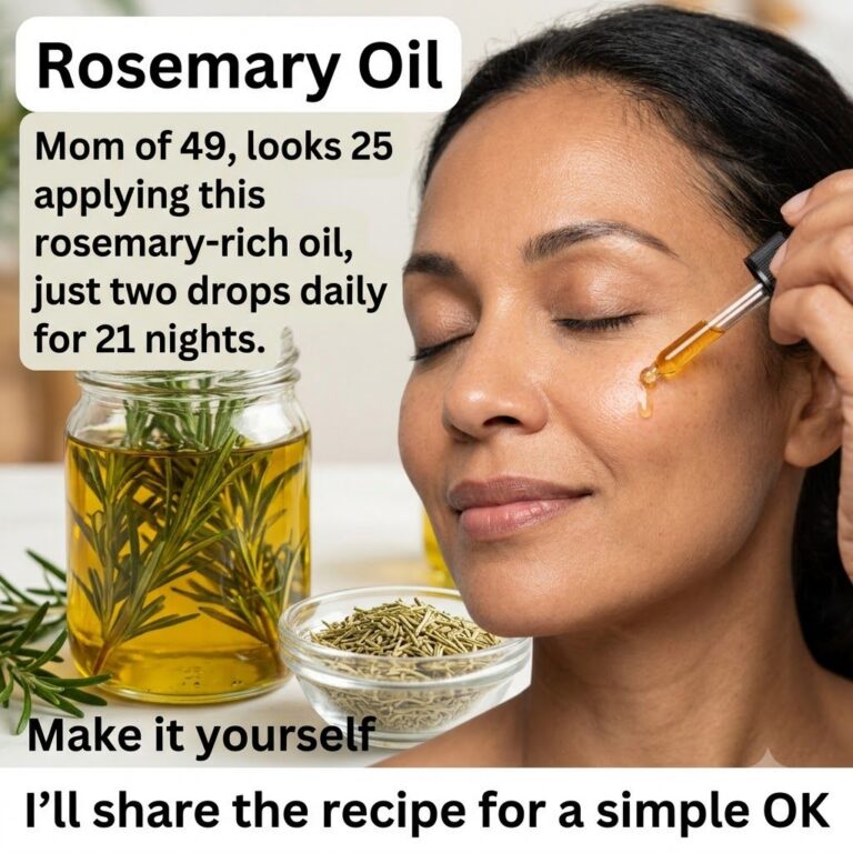 A woman applies a dropper of amber-colored rosemary oil to her cheek eyes closed serenely Beside her a glass jar holds f