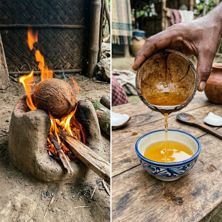 Diptych showing the traditional process of making coconut oil The left panel shows a whole coconut being heated over a c