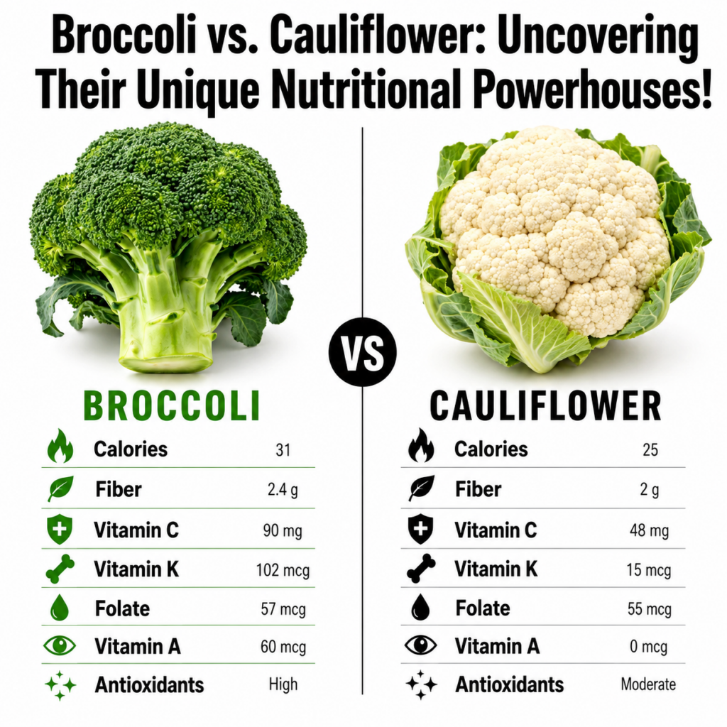 A side-by-side comparison infographic of broccoli and cauliflower showing their nutritional values for calories fiber Vi