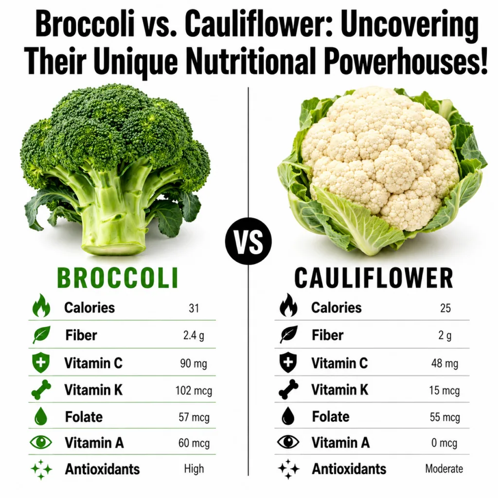A side-by-side comparison infographic of broccoli and cauliflower showing their nutritional values for calories fiber Vi