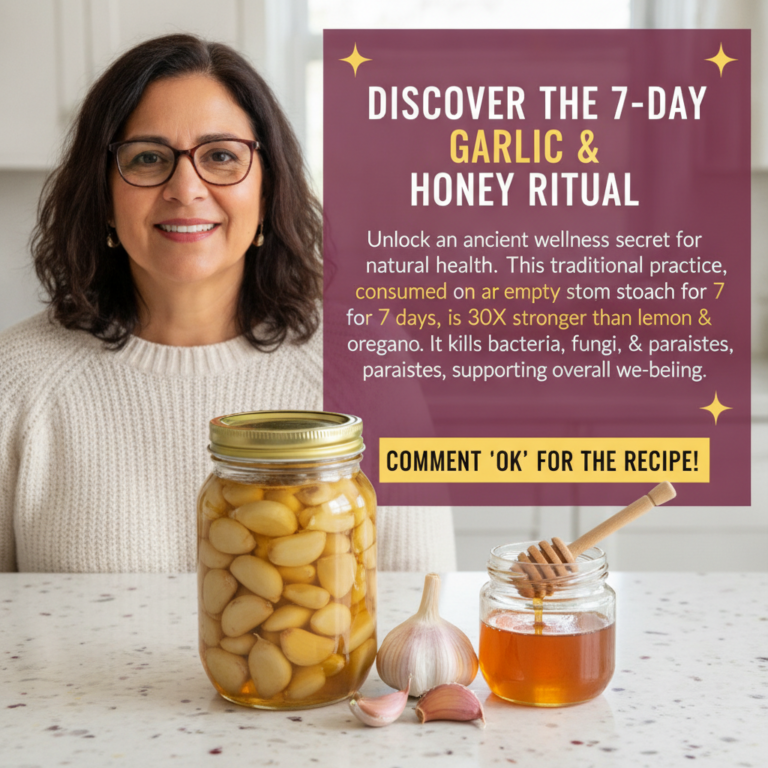 A smiling middle-aged woman next to a text box promoting a 7-Day Garlic Honey Ritual with ingredients like garlic cloves
