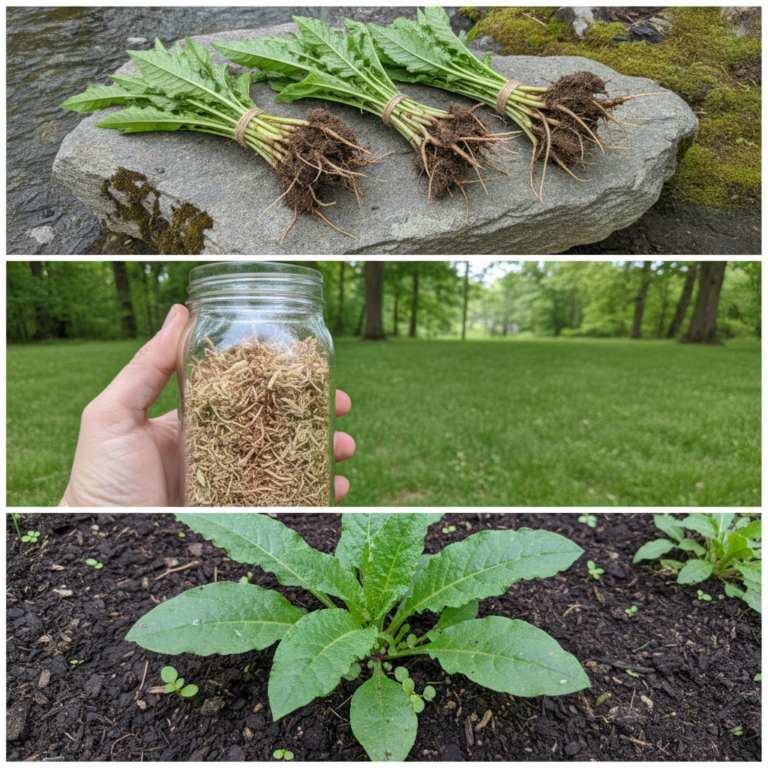A vertical triptych showing the journey of a root plant remedy freshly harvested roots by a stream dried plant material 