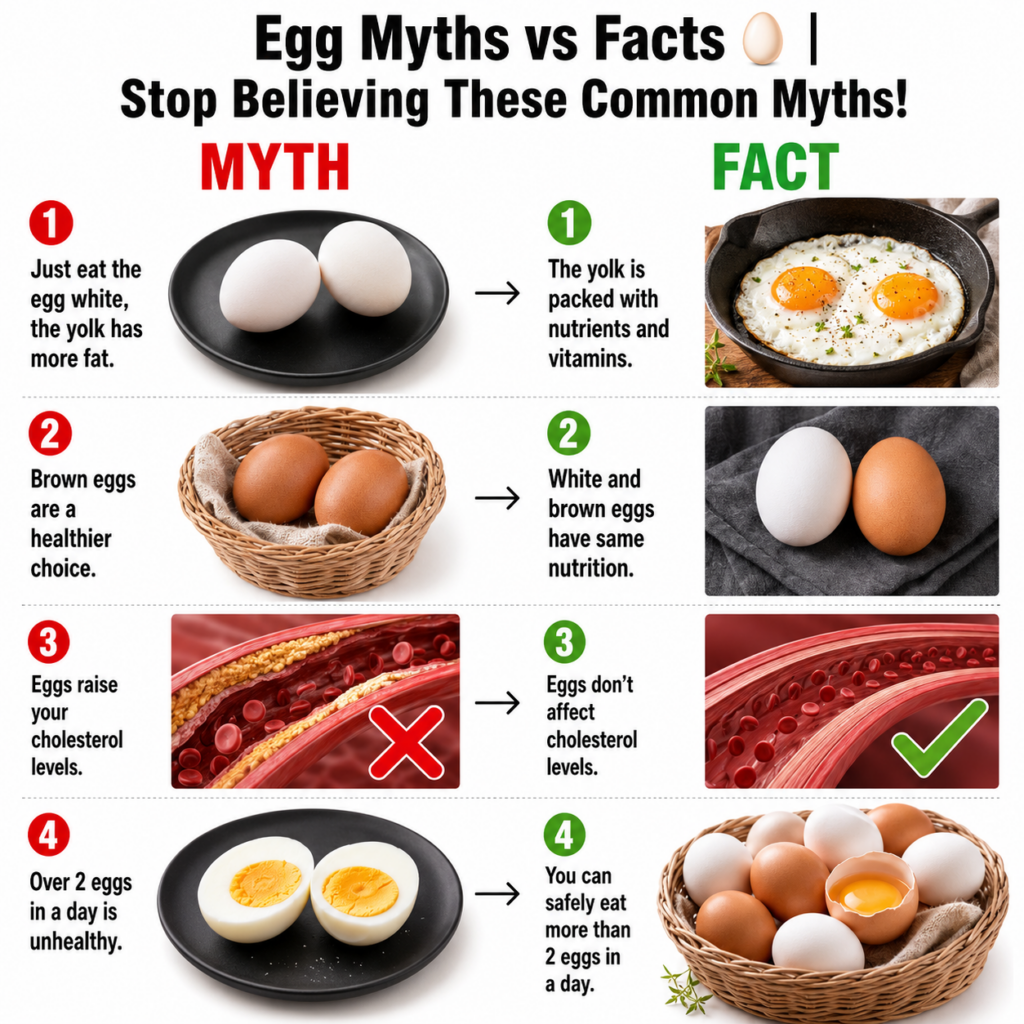 An infographic titled Egg Myths vs Facts with four distinct sections comparing common myths about eggs with scientific f