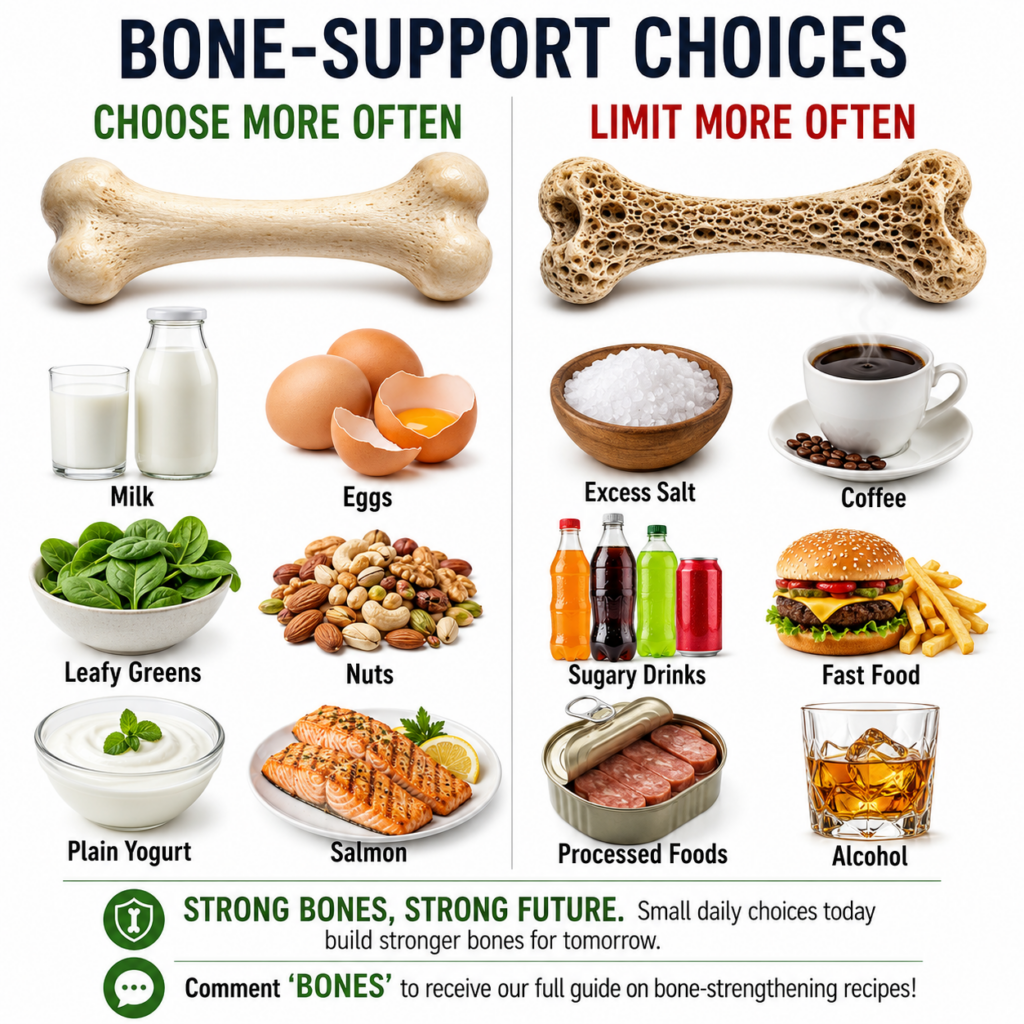 An infographic titled BONE-SUPPORT CHOICES divided into two columns CHOOSE MORE OFTEN with images of milk eggs leafy gre