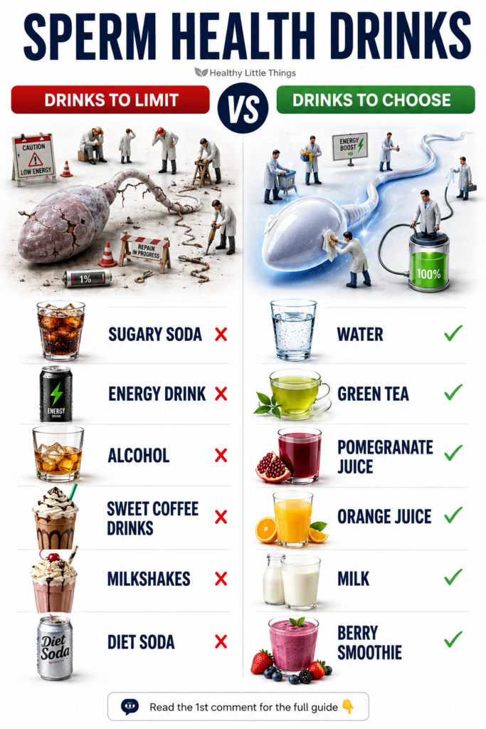 An infographic showing two distinct sections DRINKS TO LIMIT with red Xs over sugary sodas energy drinks alcohol sweet c