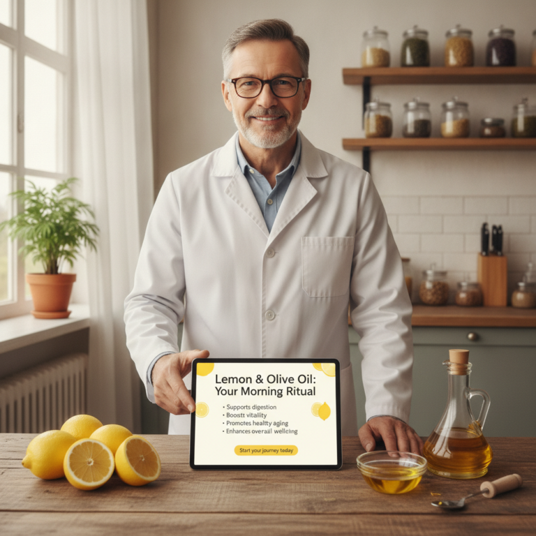 A smiling middle-aged man in a lab coat and glasses holds a tablet displaying information about Lemon Olive Oil Your Mor