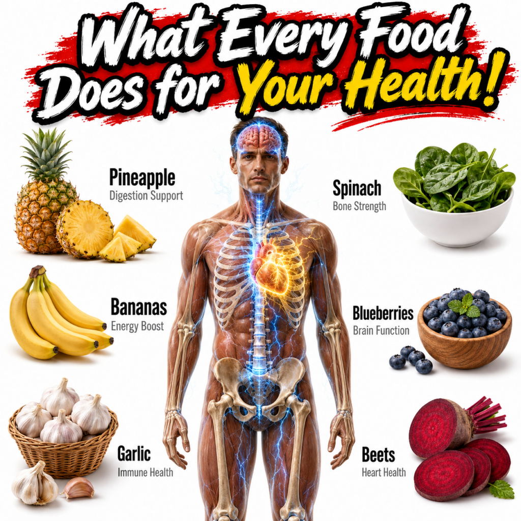 A stylized infographic showing a human body with glowing organs surrounded by six different food items like pineapple ba