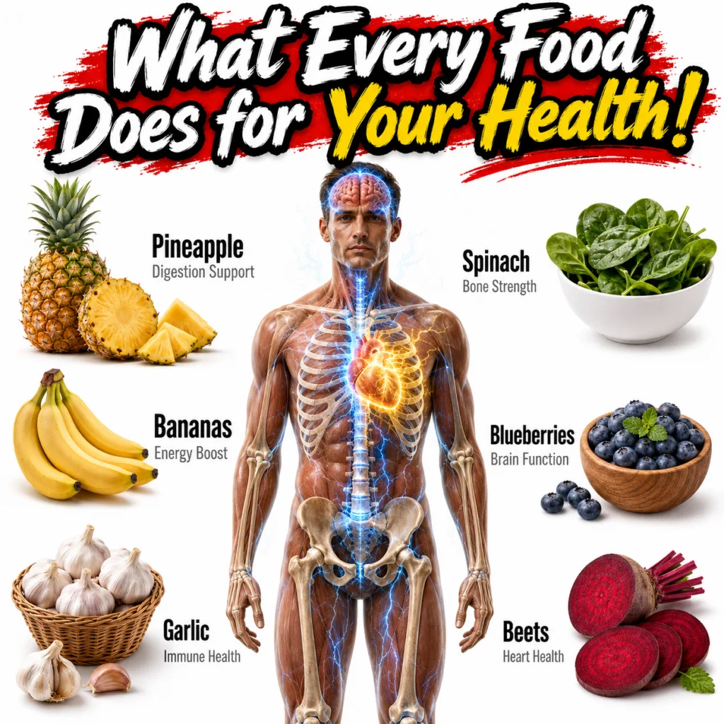 A stylized infographic showing a human body with glowing organs surrounded by six different food items like pineapple ba