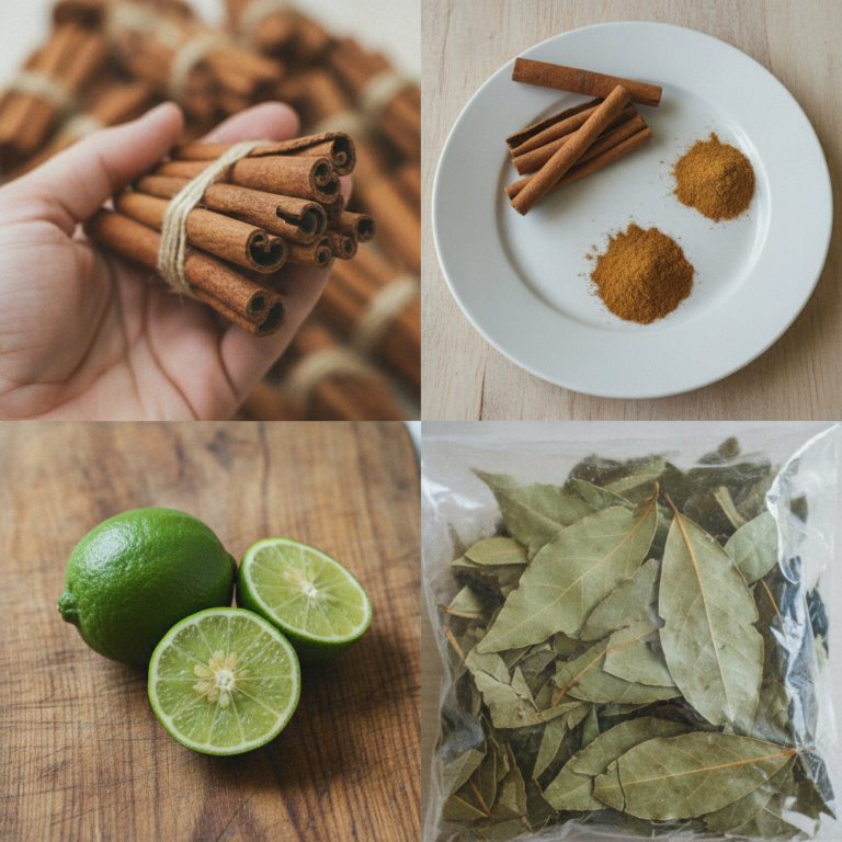 A four-panel grid showcasing ingredients for cinnamon bay leaf and lemon tea top-left shows cinnamon sticks top-right gr
