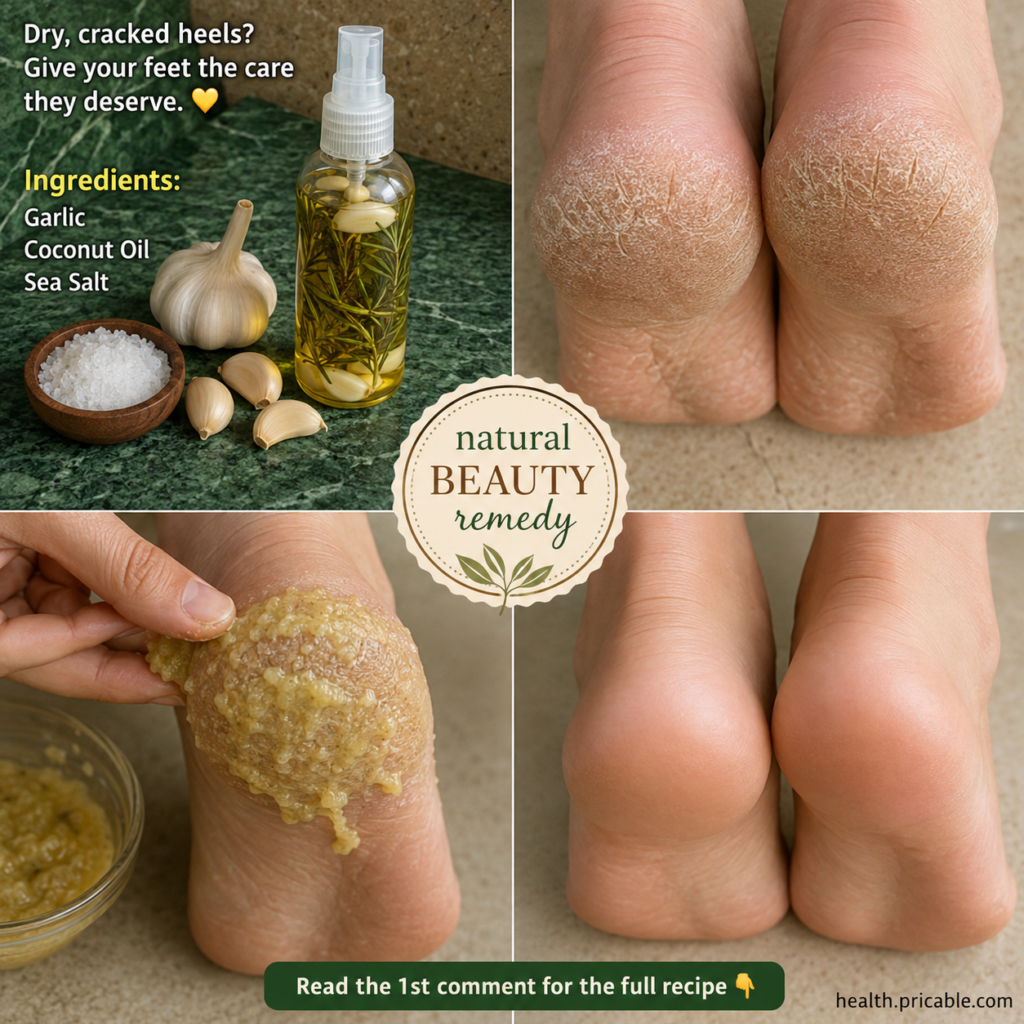 A four-panel grid showing before and after images of cracked heels with ingredients garlic sea salt coconut oil and the 