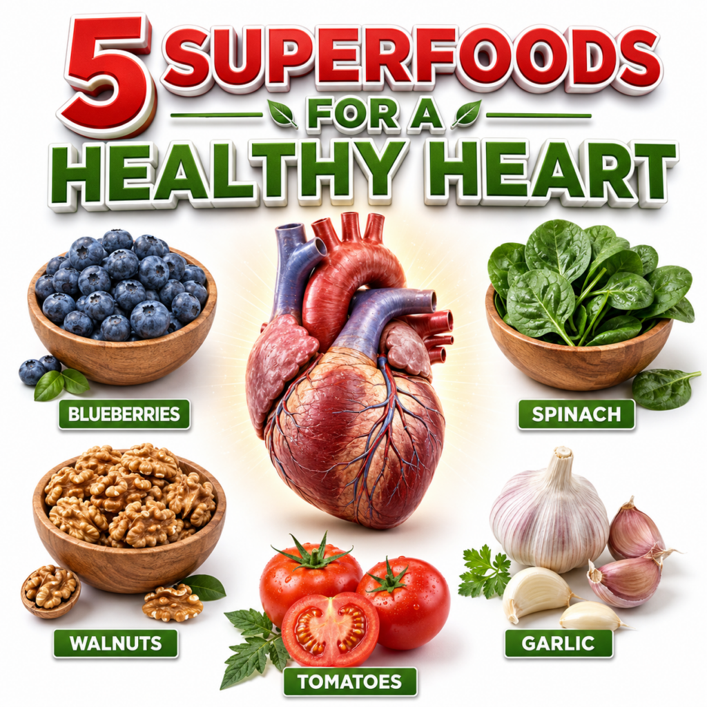 A vibrantly lit infographic featuring a glowing anatomical human heart surrounded by five clearly labeled superfoods blu