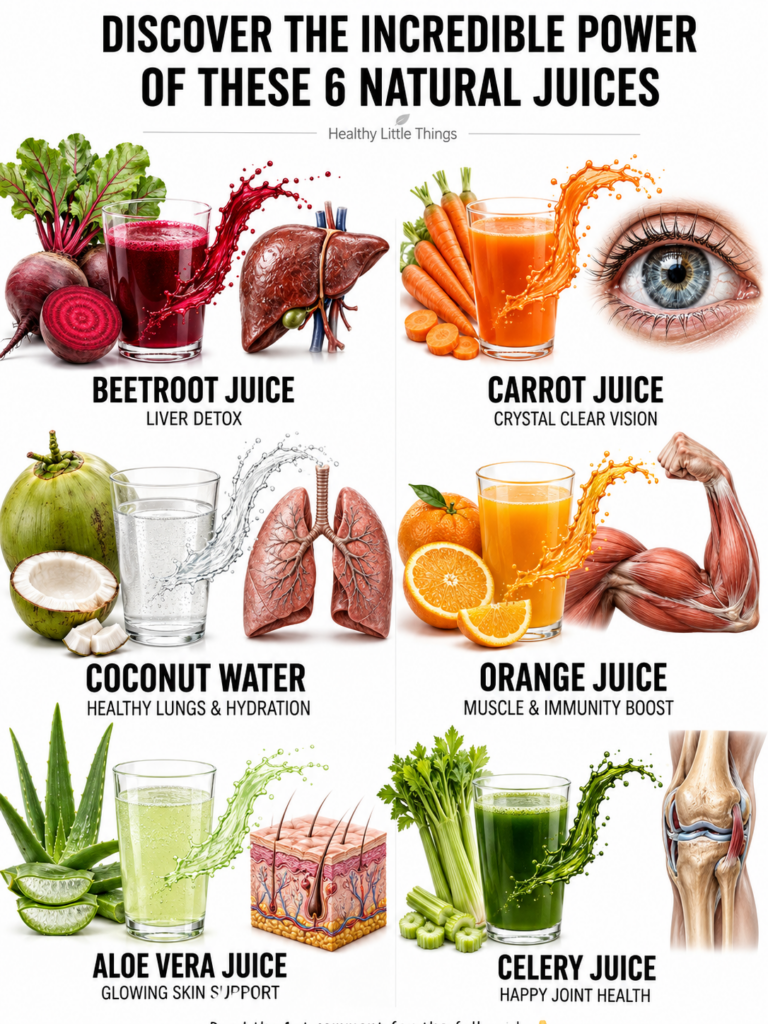 A vibrant display of six different natural juices in glasses each accompanied by its raw ingredient beetroot carrot coco