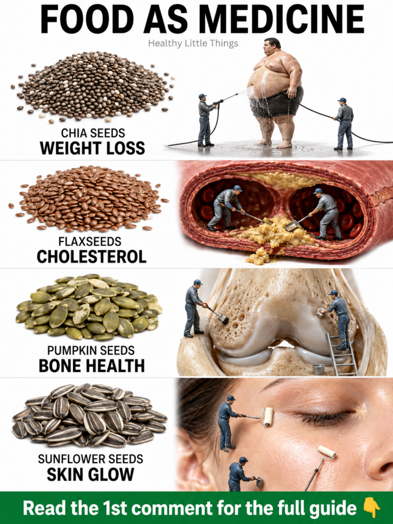 A multi-panel image displaying piles of chia seeds flaxseeds pumpkin seeds and sunflower seeds on the left with correspo