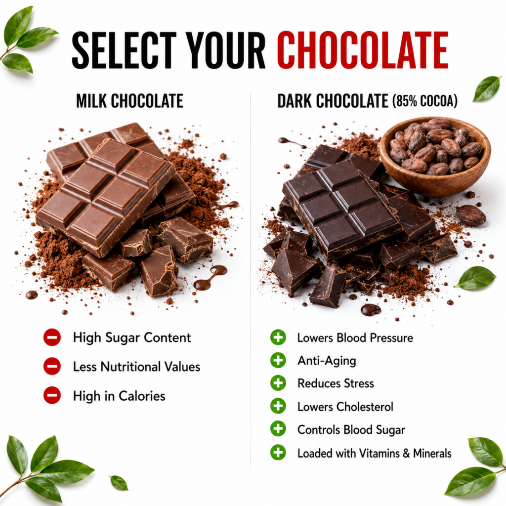 A split image showing milk chocolate on one side with drawbacks listed high sugar less nutrients high calories and dark 