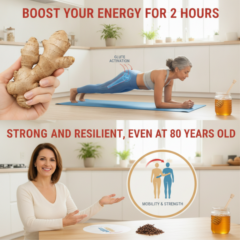 A vertical diptych showing a hand holding ginger and a woman doing a plank with BOOST YOUR ENERGY text on the top panel 