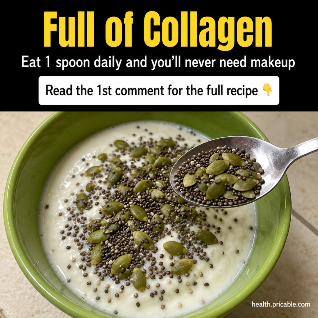 A vibrant green ceramic bowl filled with a creamy white powder base garnished with dark chia seeds and light green pumpk