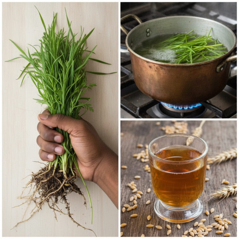 A dynamic triptych collage illustrating the process of preparing a natural plant-based remedy Top-left A hand holding a 
