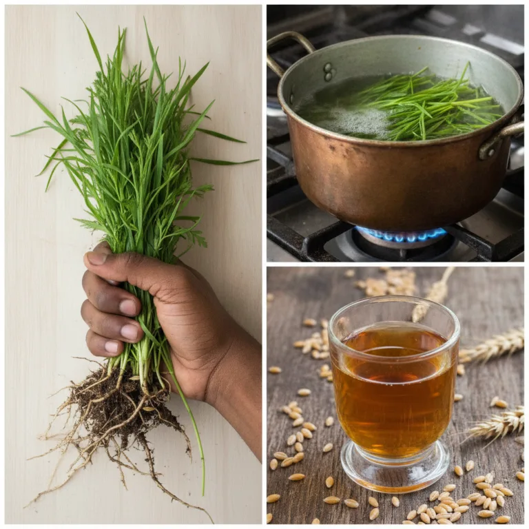 A dynamic triptych collage illustrating the process of preparing a natural plant-based remedy Top-left A hand holding a 