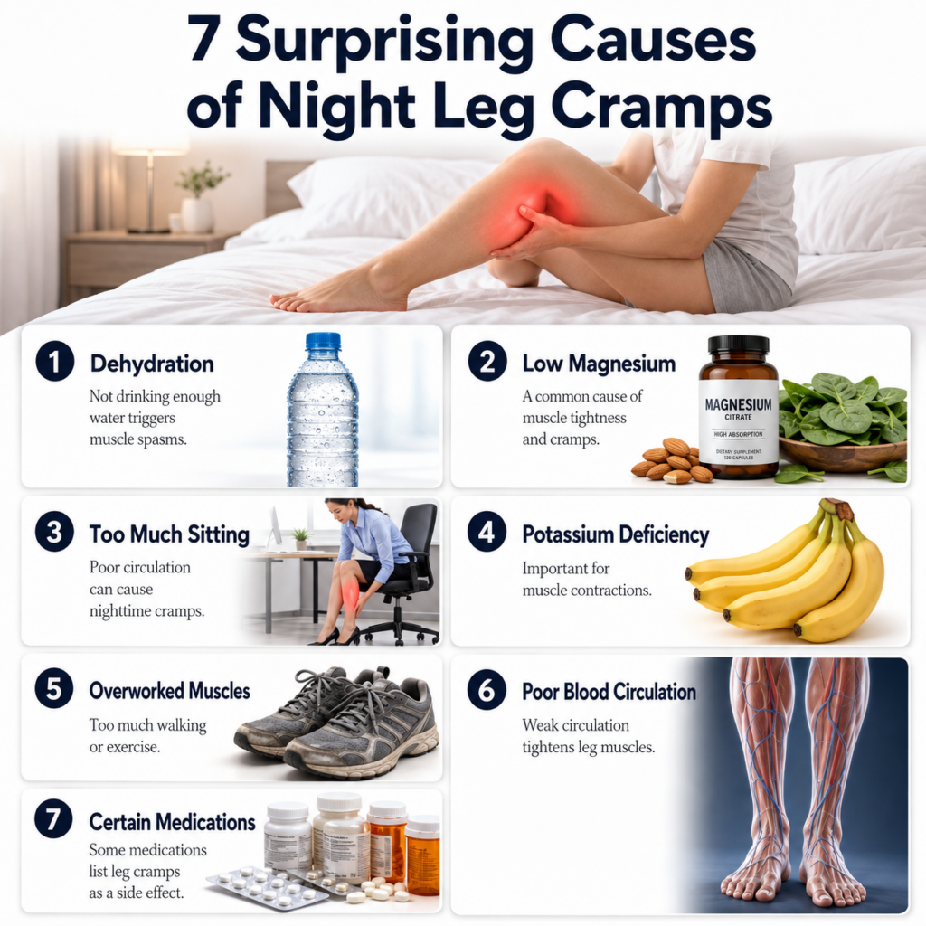 An infographic illustrating 7 surprising causes of night leg cramps featuring small icons like a water bottle almonds ba