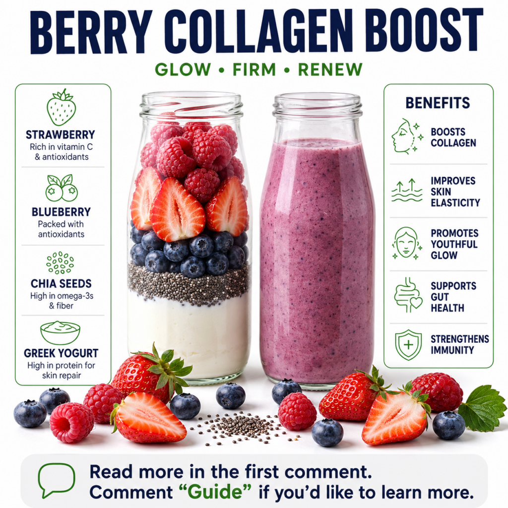 Two clear glass bottles featuring a berry collagen boost One bottle shows layered ingredients Greek yogurt chia seeds bl
