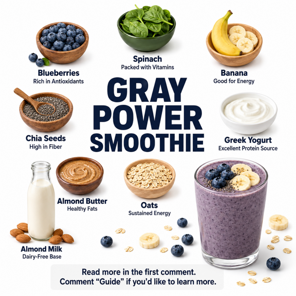 An infographic showing ingredients for a Gray Power Smoothie including blueberries spinach banana chia seeds Greek yogur