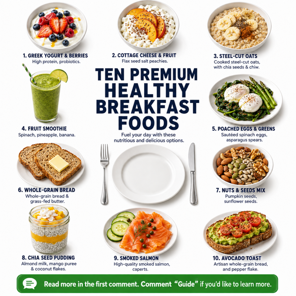 An infographic showcasing ten different healthy breakfast foods each numbered and clearly photographed from a top-down a