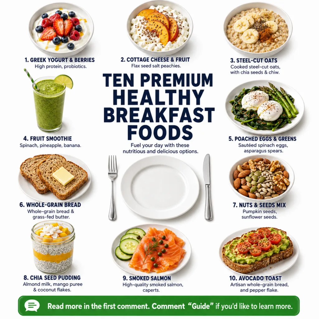 An infographic showcasing ten different healthy breakfast foods each numbered and clearly photographed from a top-down a