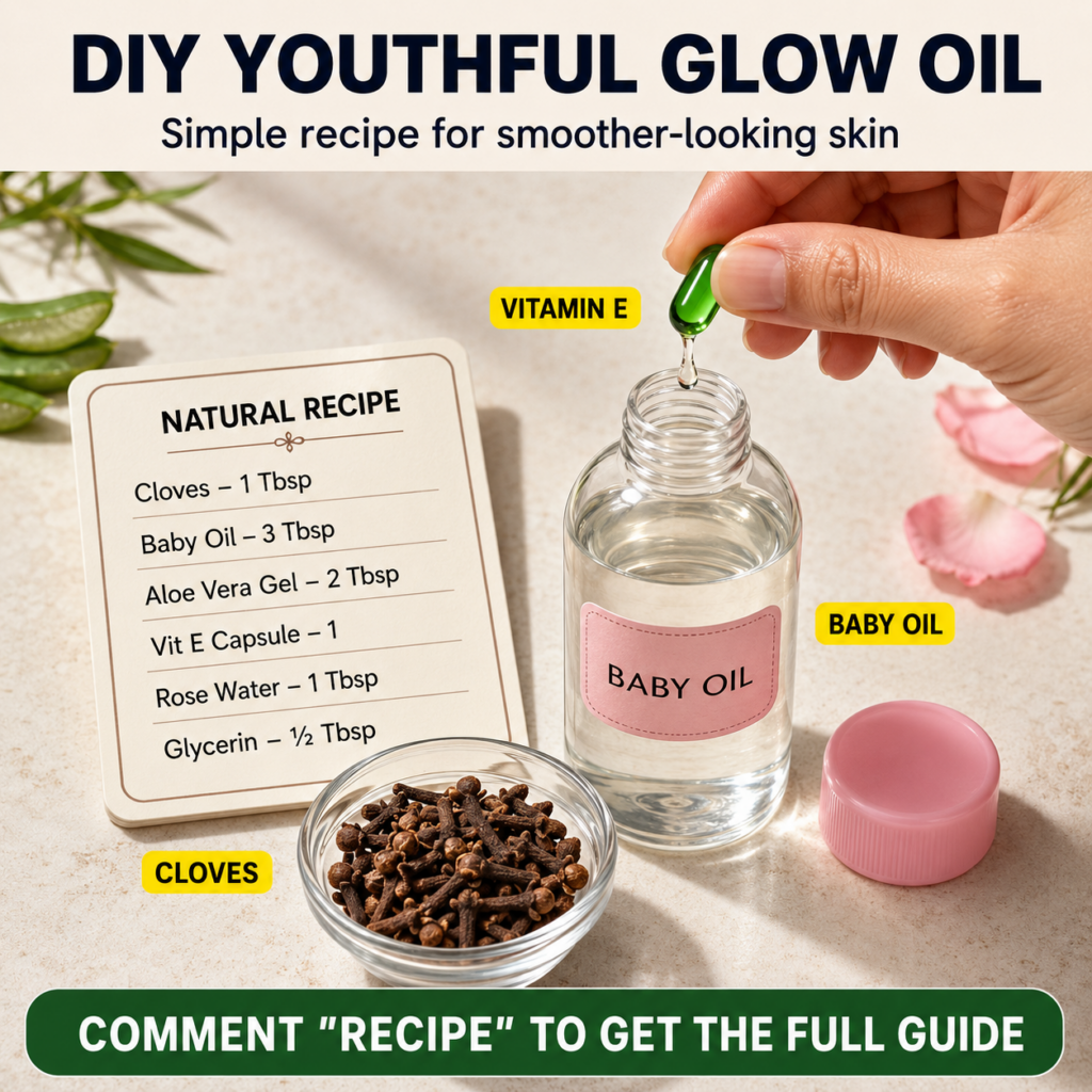 A flat lay of ingredients for a DIY beauty oil showing a hand squeezing a Vitamin E capsule into a bottle of baby oil cl