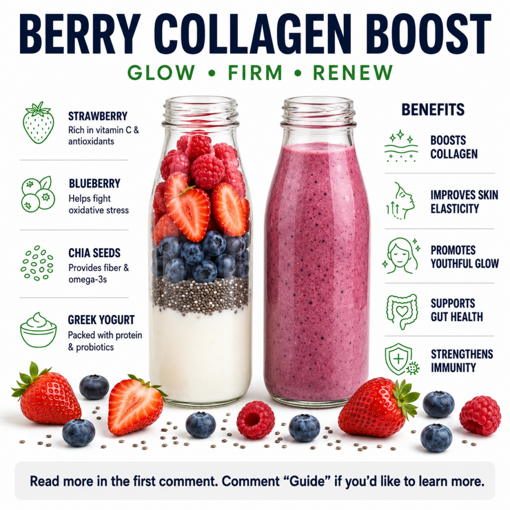 A vibrant infographic-style image detailing the ingredients and benefits of a Berry Collagen Boost drink It shows two bo