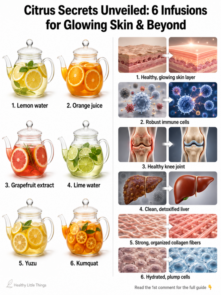 An infographic showing six different citrus infusions lemon water orange juice grapefruit water lime water yuzu infusion