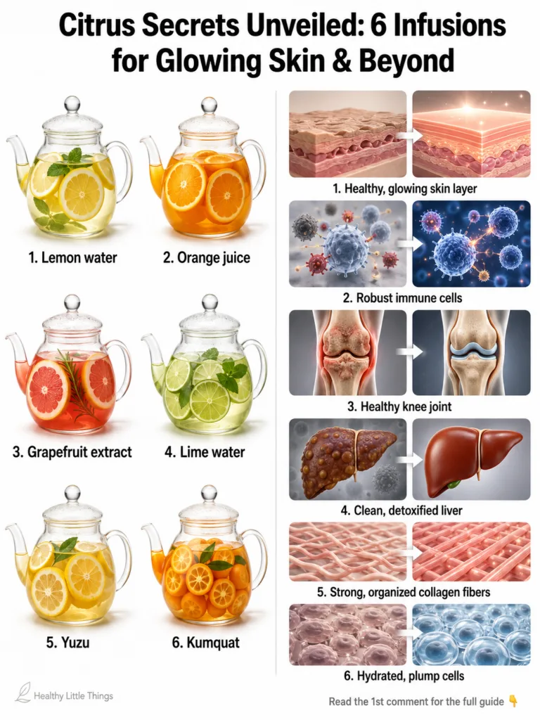 An infographic showing six different citrus infusions lemon water orange juice grapefruit water lime water yuzu infusion