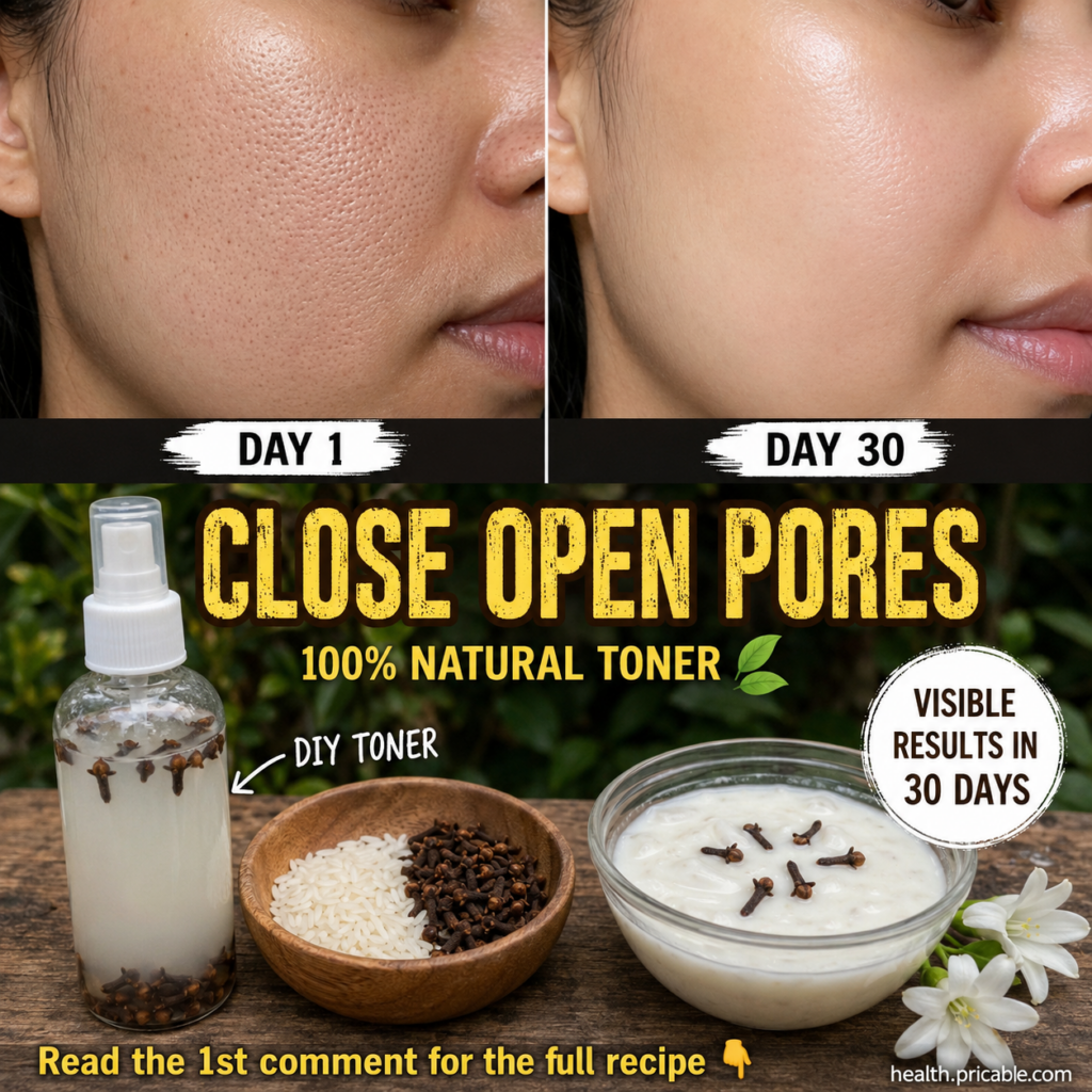 A flat lay of ingredients and the finished DIY toner uncooked rice dry cloves a clear spray bottle with white liquid and