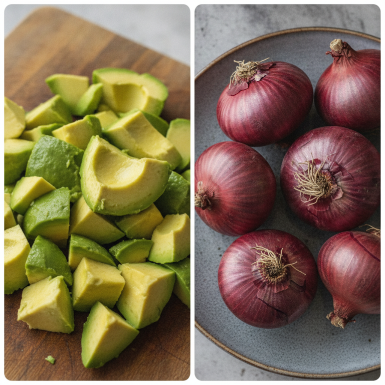 A vertical diptych showing diced avocado on a wooden board on one side and whole red onions on a grey plate on the other