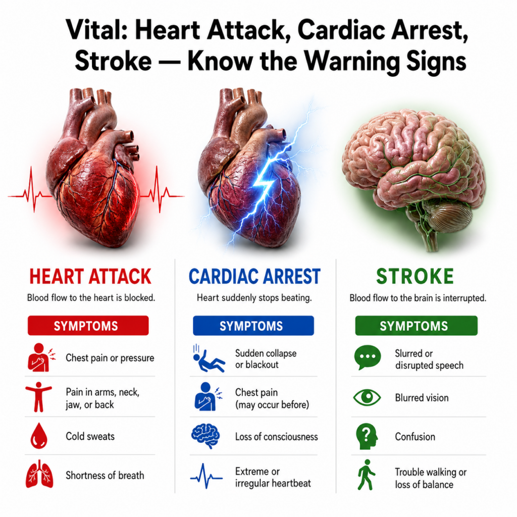 An infographic titled Vital Heart Attack Cardiac Arrest Stroke Know the Warning Signs with three distinct vertical secti