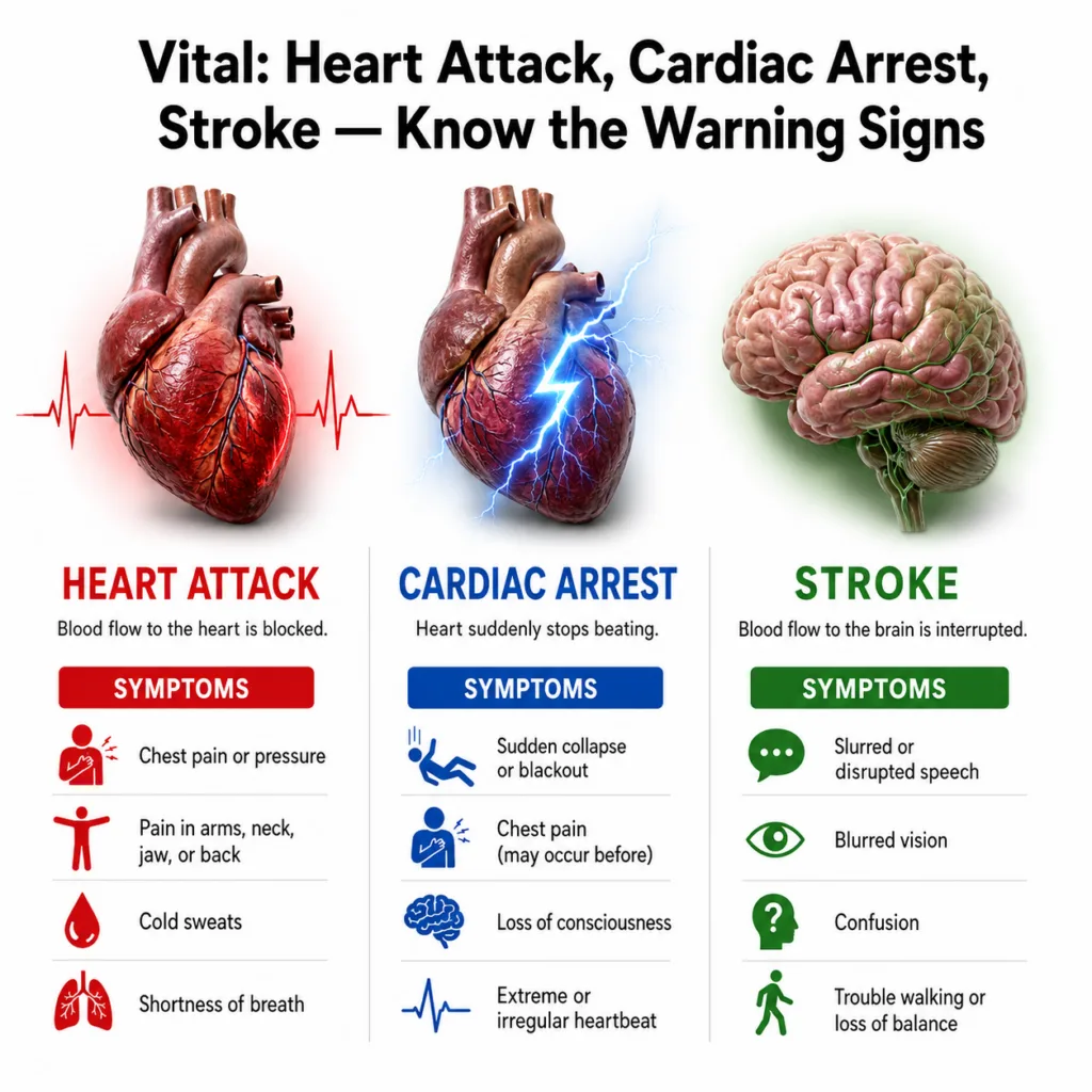 An infographic titled Vital Heart Attack Cardiac Arrest Stroke Know the Warning Signs with three distinct vertical secti