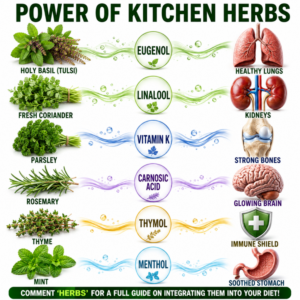 An infographic titled POWER OF KITCHEN HERBS showing six common herbs Holy Basil Coriander Parsley Rosemary Thyme Mint l