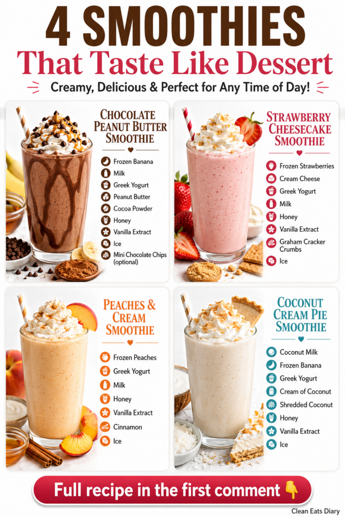 A creamy pink strawberry cheesecake smoothie in a clear glass garnished with a fresh strawberry and a dollop of white cr