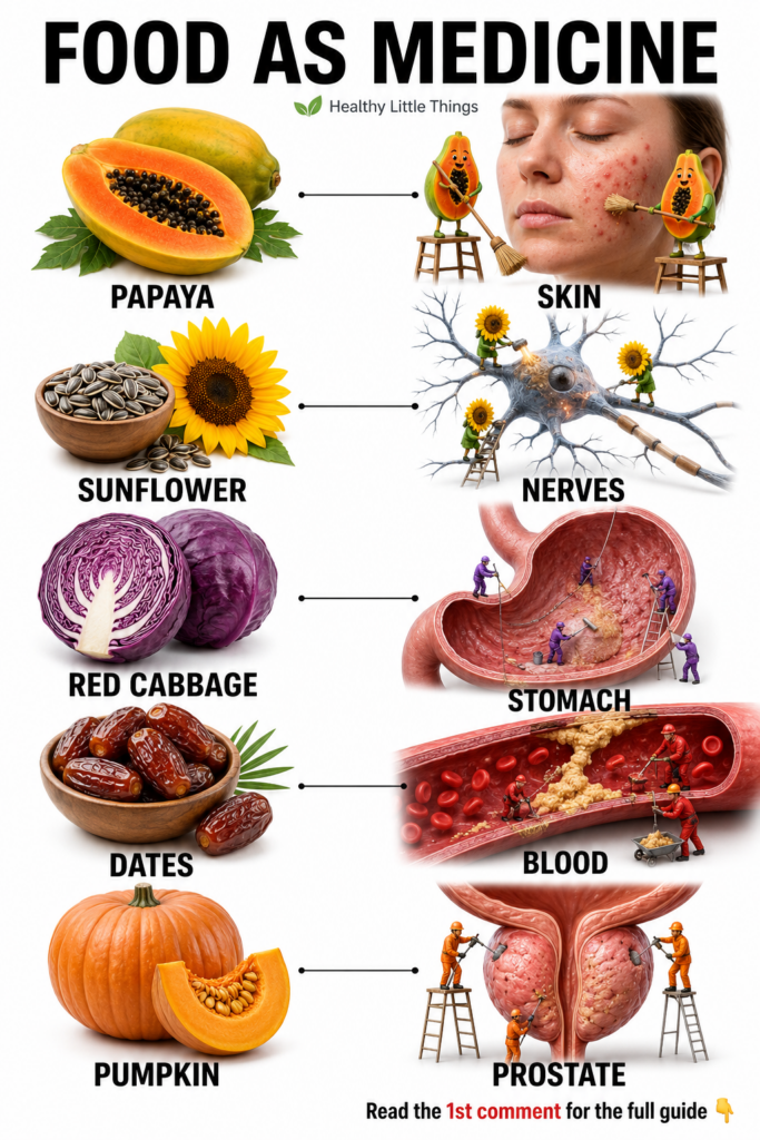An infographic titled FOOD AS MEDICINE showing papaya sunflower seeds red cabbage dates and pumpkin each connected to a 