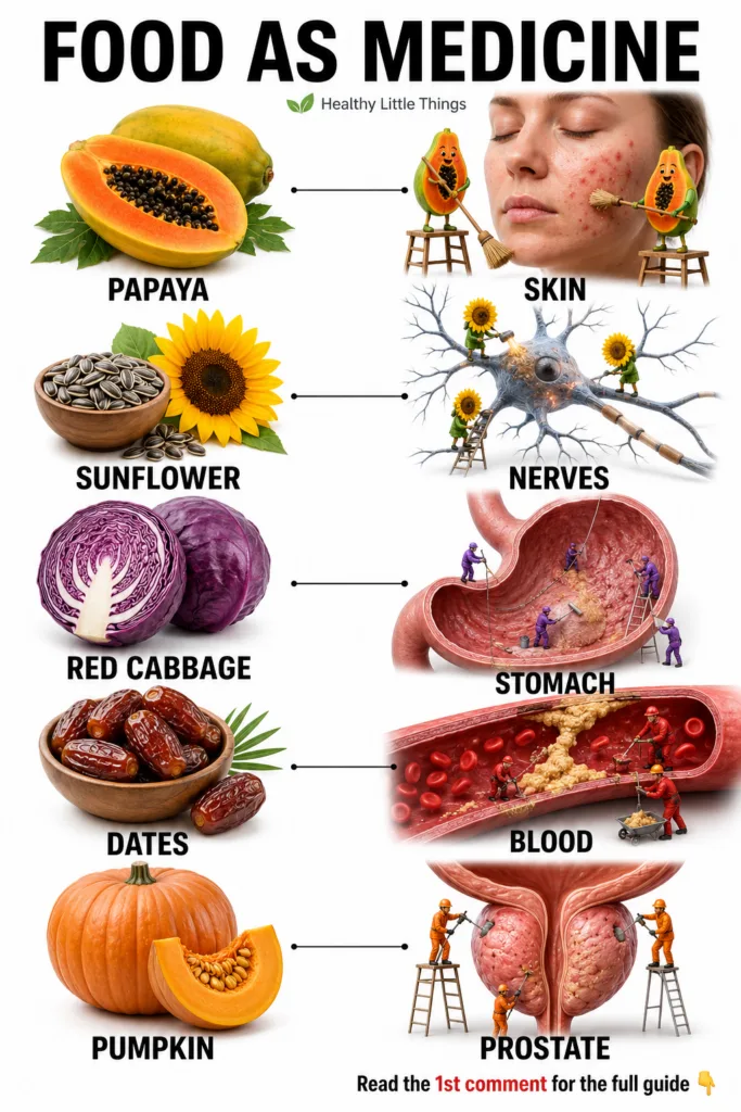 An infographic titled FOOD AS MEDICINE showing papaya sunflower seeds red cabbage dates and pumpkin each connected to a 