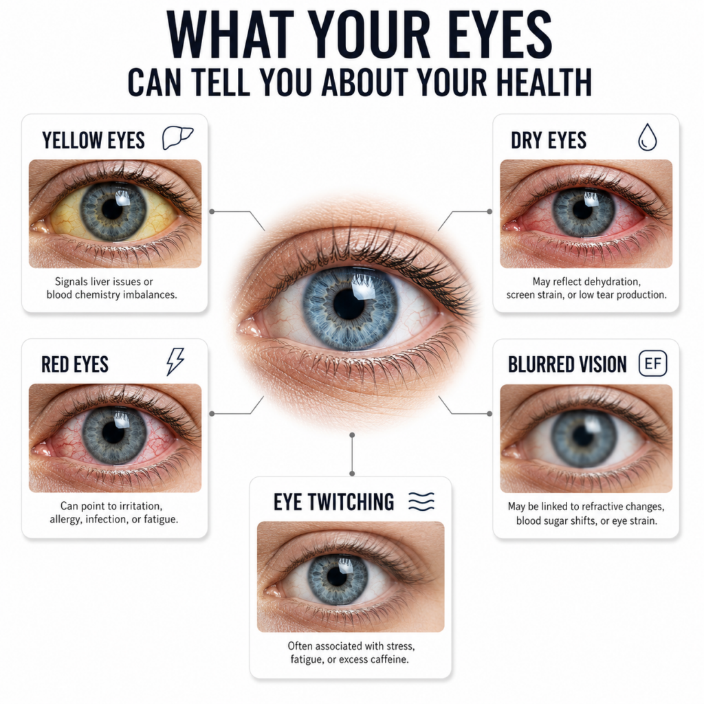 An infographic titled What Your Eyes Can Tell You About Your Health with a central healthy eye surrounded by five cards