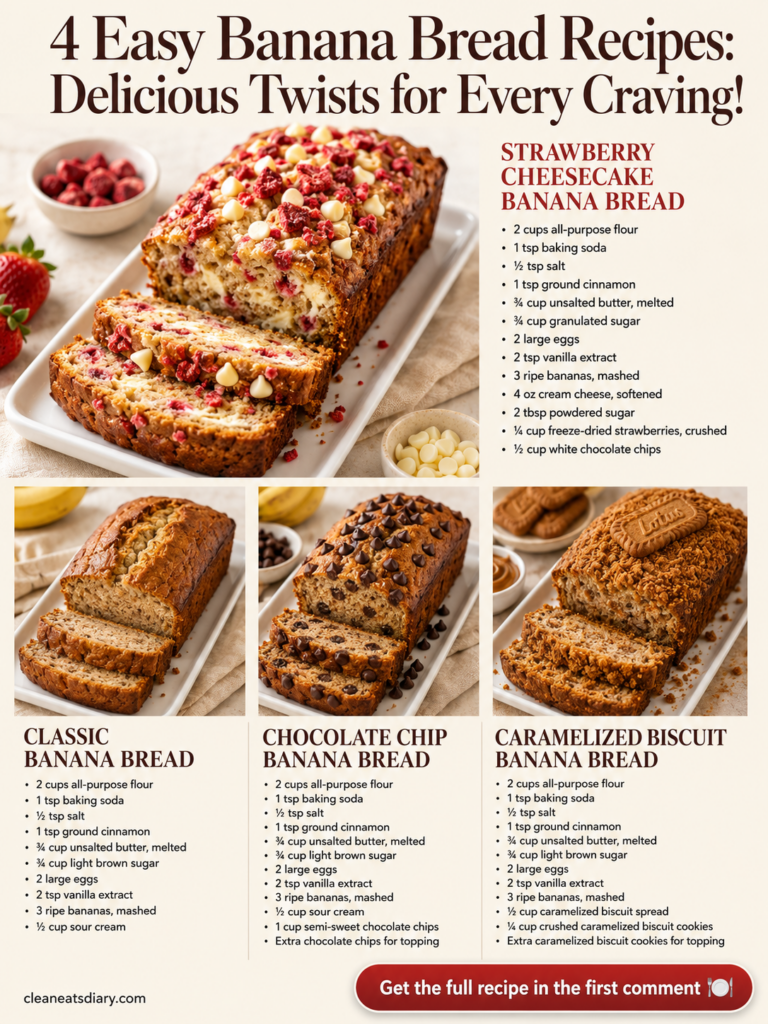 A variety of four different banana bread loaves all sliced and beautifully presented on a light background The main focu