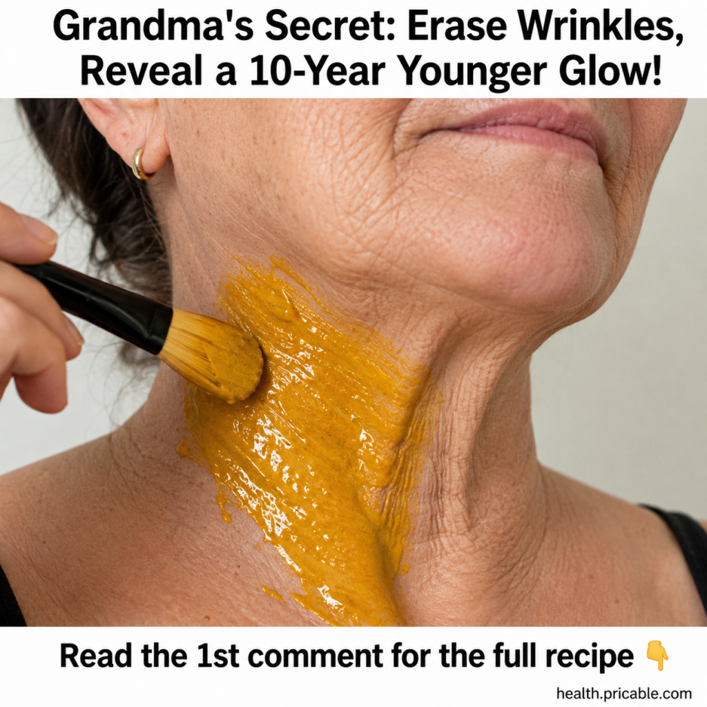 An older woman s neck and jawline with a thick yellow-orange face mask being applied with a cosmetic brush