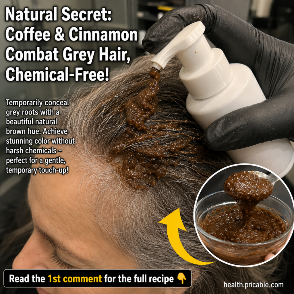 A gloved hand applying a dark brown coffee and cinnamon paste to the grey roots of a person s hair