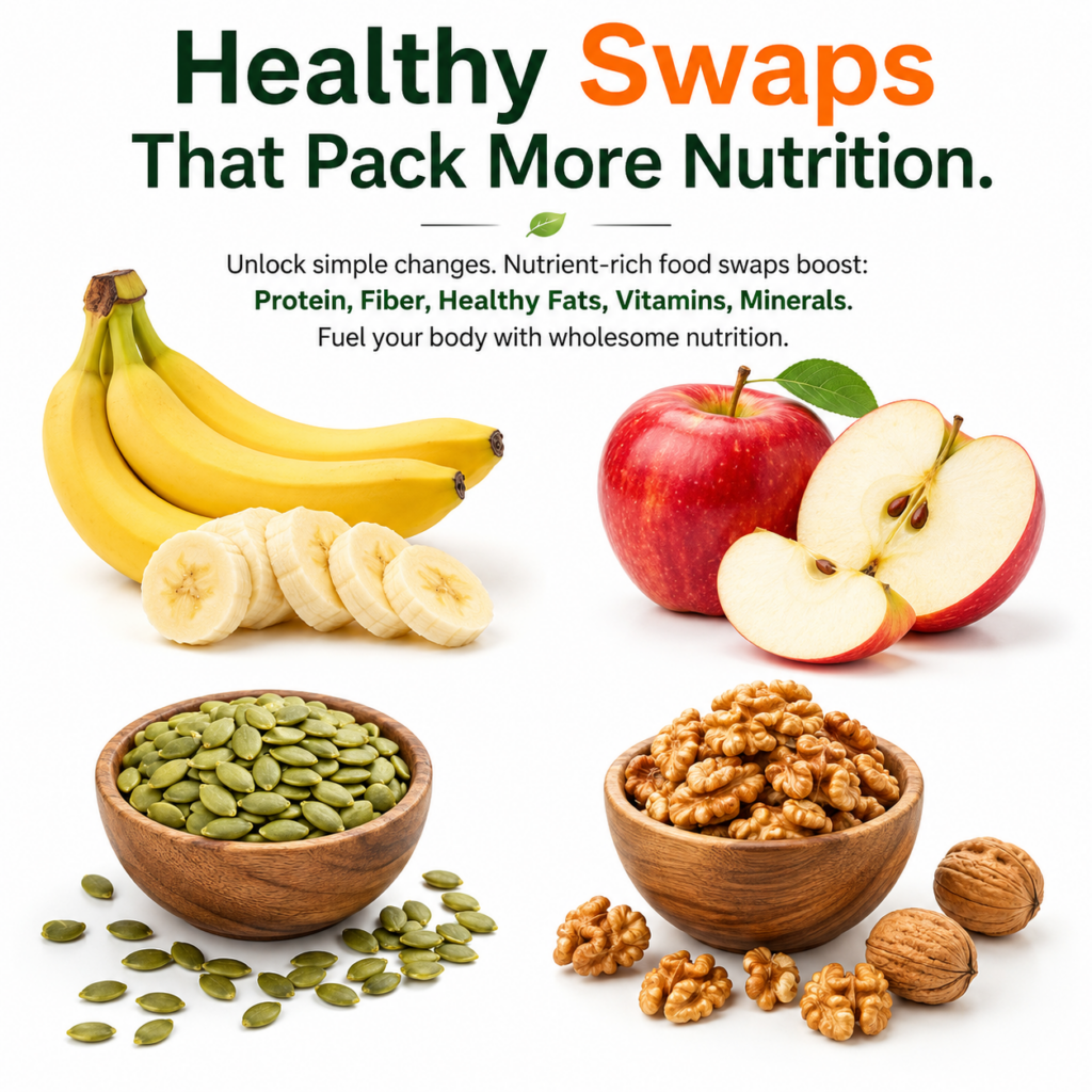 A variety of healthy foods including bananas sliced apples pumpkin seeds and walnuts arranged neatly on a white backgrou
