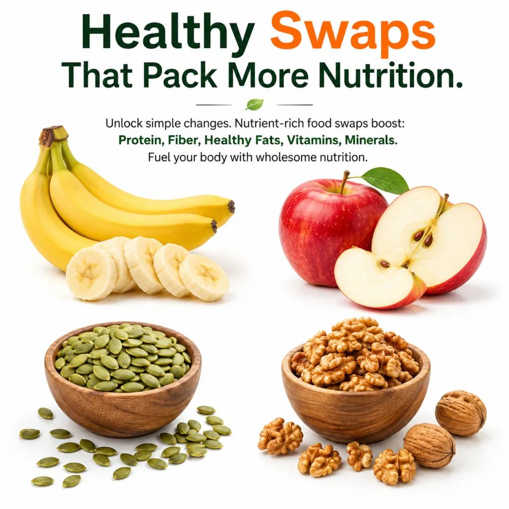 A variety of healthy foods including bananas sliced apples pumpkin seeds and walnuts arranged neatly on a white backgrou