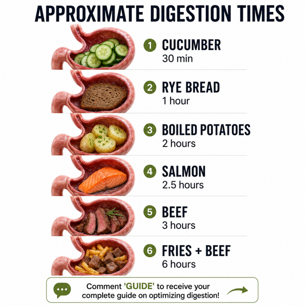 An infographic showing six simplified stomach illustrations each containing a different food item and its corresponding 