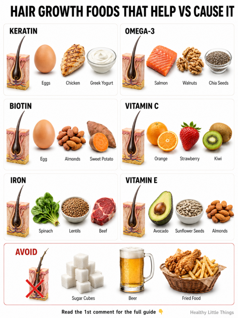 An infographic showing various foods categorized by nutrients that promote hair growth such as eggs chicken Greek yogurt