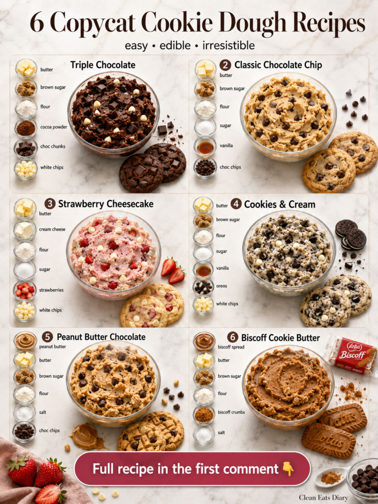 A flat lay of six different bowls of edible cookie dough each with its ingredients artfully arranged around it Flavors i