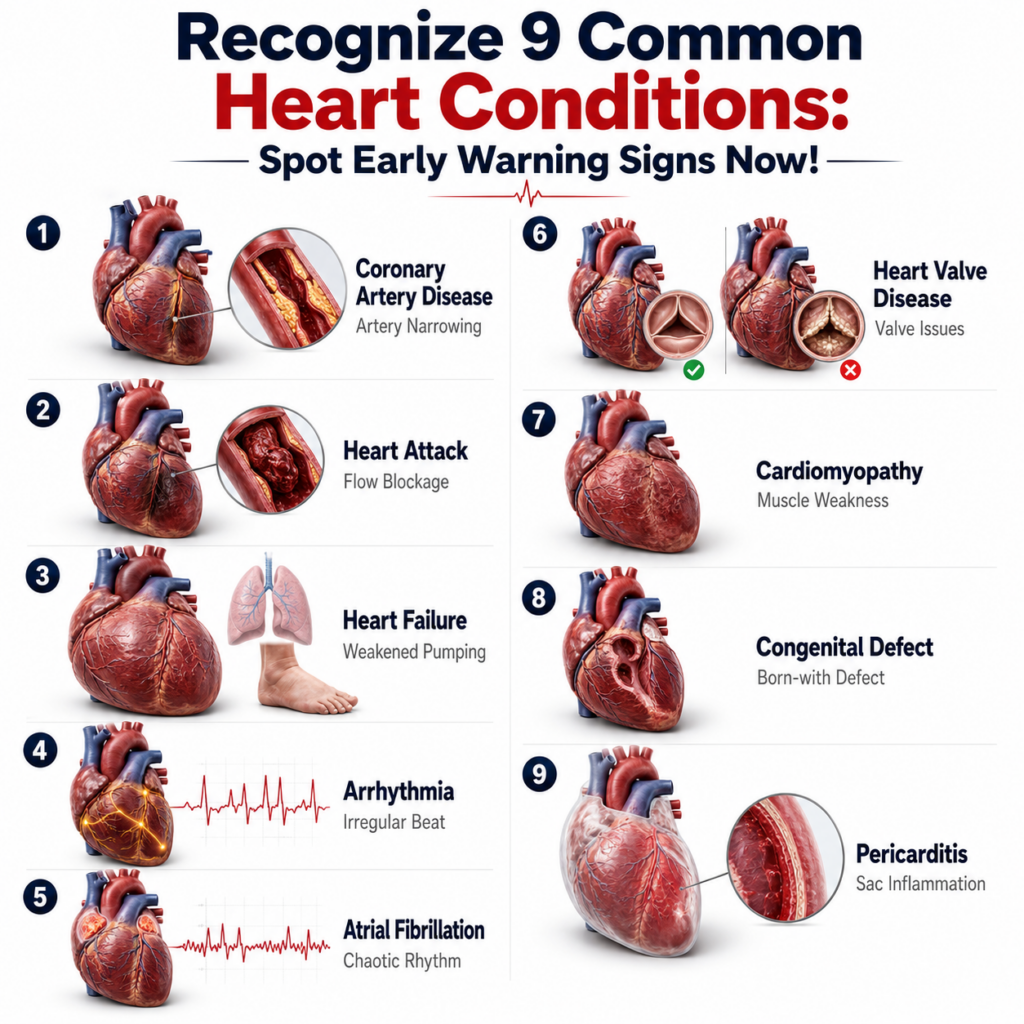An infographic titled Recognize 9 Common Heart Conditions Spot Early Warning Signs Now featuring nine distinct heart con